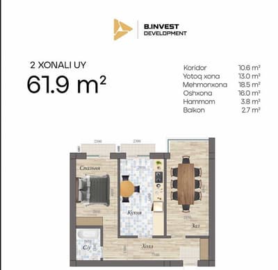 Продажа 2-комн. кв. 61.9 м² — квартал 1/2