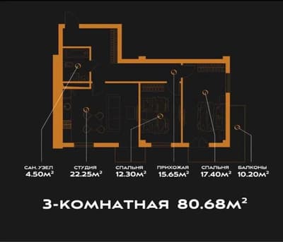 *Loft Residencе Центр, ул. Садыка Азимова 3ком квартира 80м2 Коробка